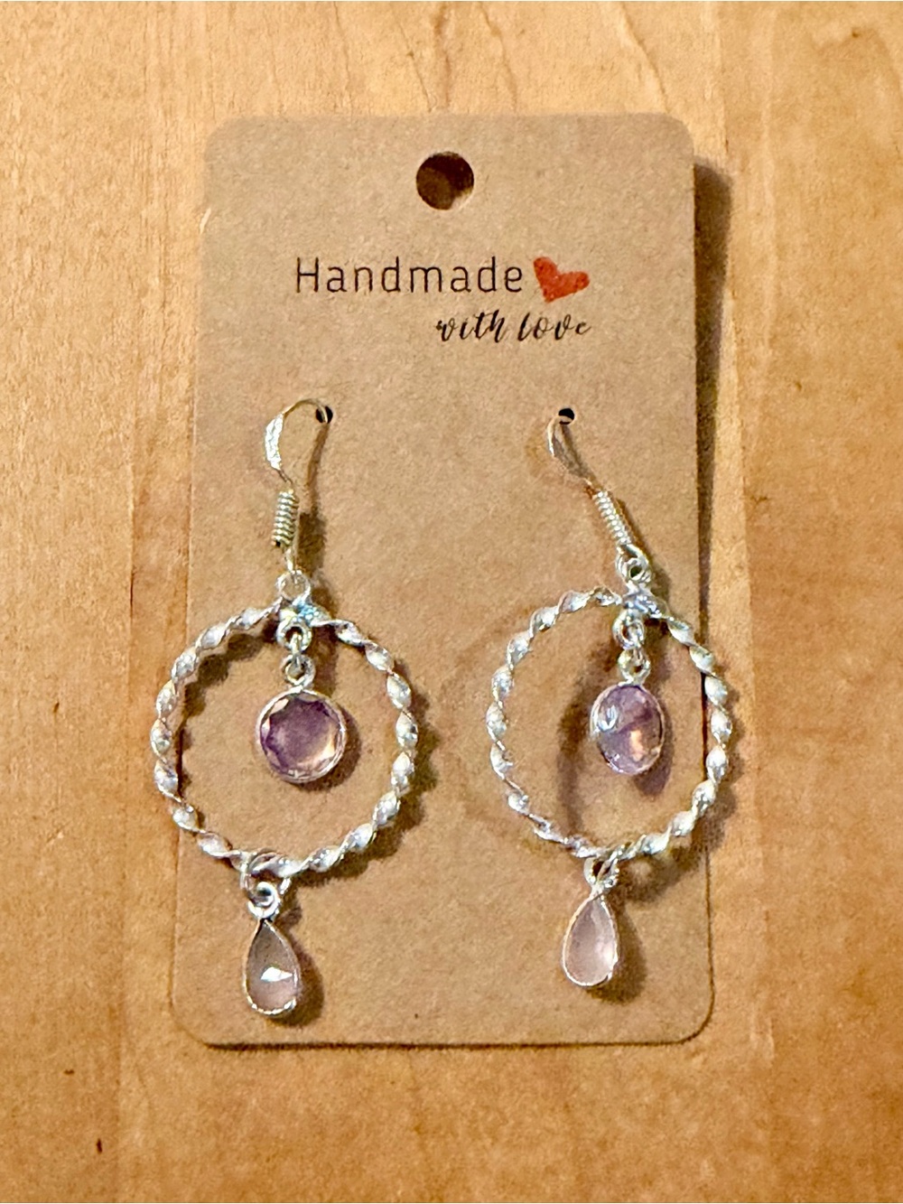 Silver Hoop Drop Earrings w/Light Pink Chalcedony - 925 Plated/Stamped